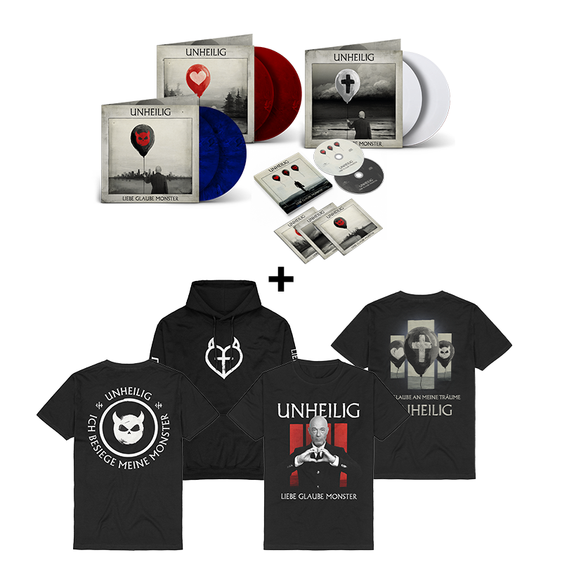 Unheilig "Liebe Glaube Monster" – verschiedene Musikformate (LPs, CDs) links + verschiedene Merchprodukte (T-Shirts, Hoodie) rechts