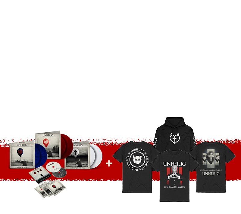Unheilig "Liebe Glaube Monster" – verschiedene Musikformate (LPs, CDs) links + verschiedene Merchprodukte (T-Shirts, Hoodie) rechts