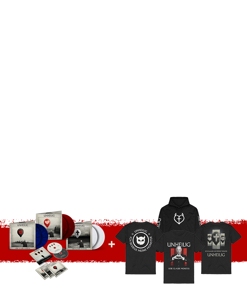 Unheilig "Liebe Glaube Monster" – verschiedene Musikformate (LPs, CDs) links + verschiedene Merchprodukte (T-Shirts, Hoodie) rechts